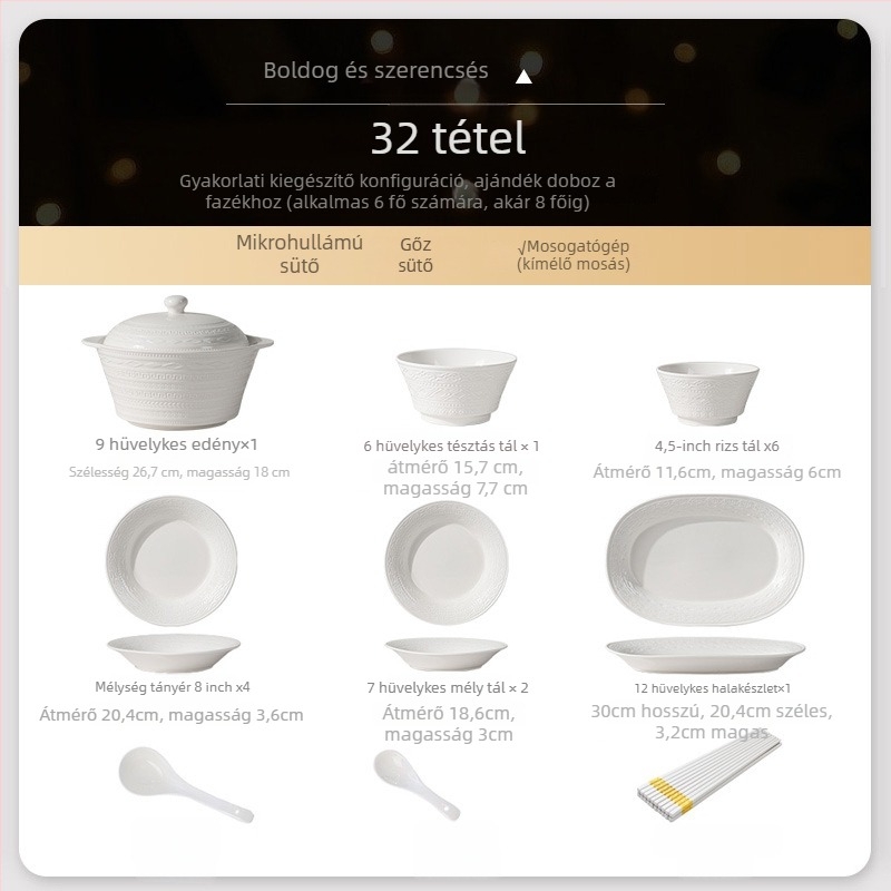 Porcelán étkészlet – tál, tányér és evőpálcikák, északi stílus, kör alakú, alsóglazúr díszítés, mikrohullámú sütőben használható