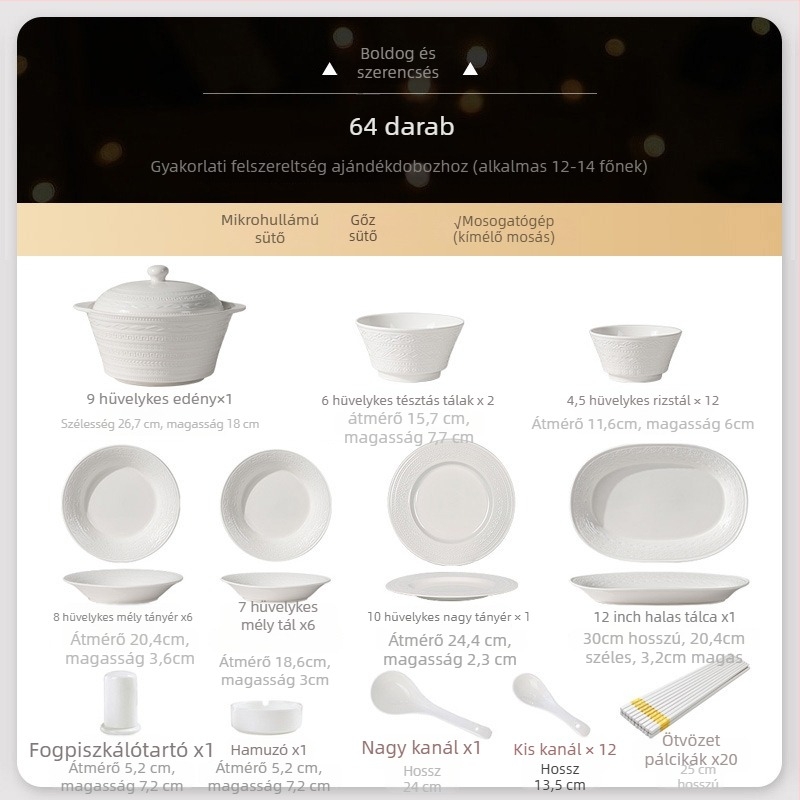 Porcelán étkészlet – tál, tányér és evőpálcikák, északi stílus, kör alakú, alsóglazúr díszítés, mikrohullámú sütőben használható