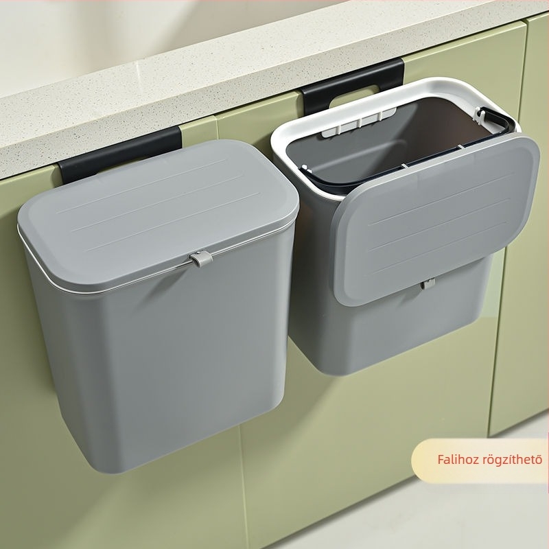 Falra szerelhető fürdőszobai szemetes, lengőfedéllel, műanyagból, cilindrikus alakú, kapacitás 4 L alatt
