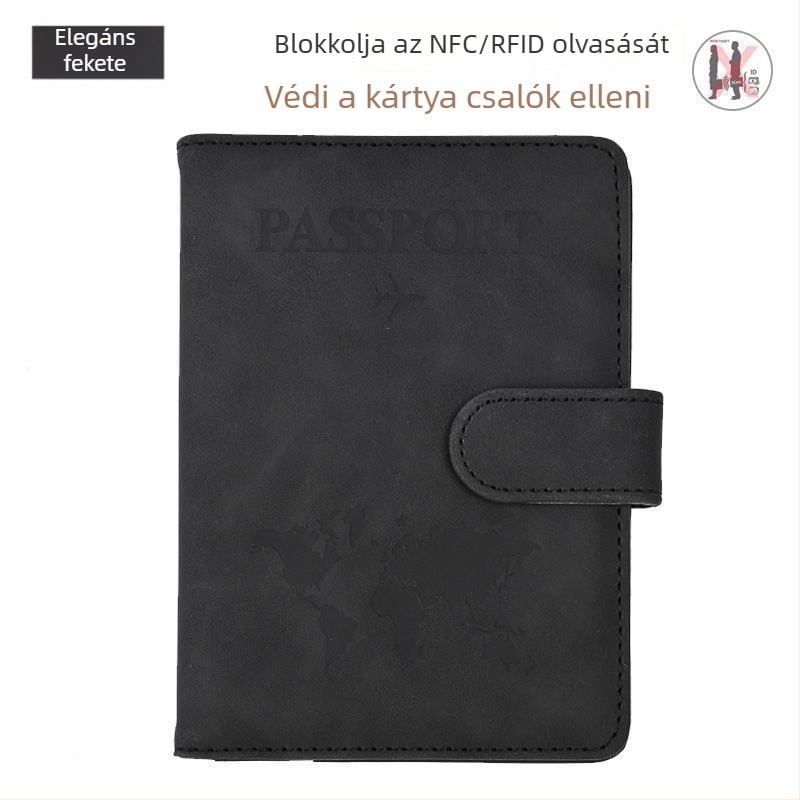 RFID‑védett útlevél tartó szintetikus bőrből, PU béléssel, lopás elleni védelem, uniszex