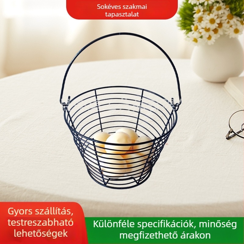 Kovácsoltvas kézibeszálló tojás- és tárolókosár, Modell: kovácsoltvas tojáskosár kézben tartva; Anyag: kovácsoltvas; Dobozok: 48 db; Bevezetés: 2023 tavasz
