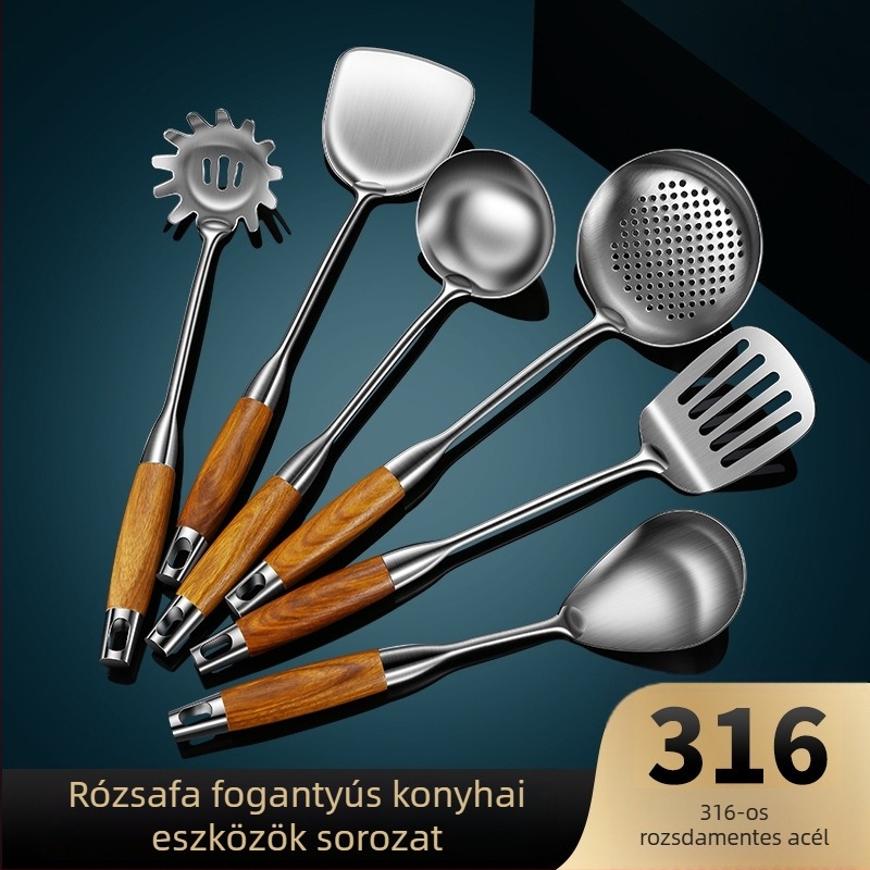 304 rozsdamentes acél konyhai készlet rozsafa fogantyúval — spatula, leveskanál, szitkanál és gombák sütésére szolgáló kanál