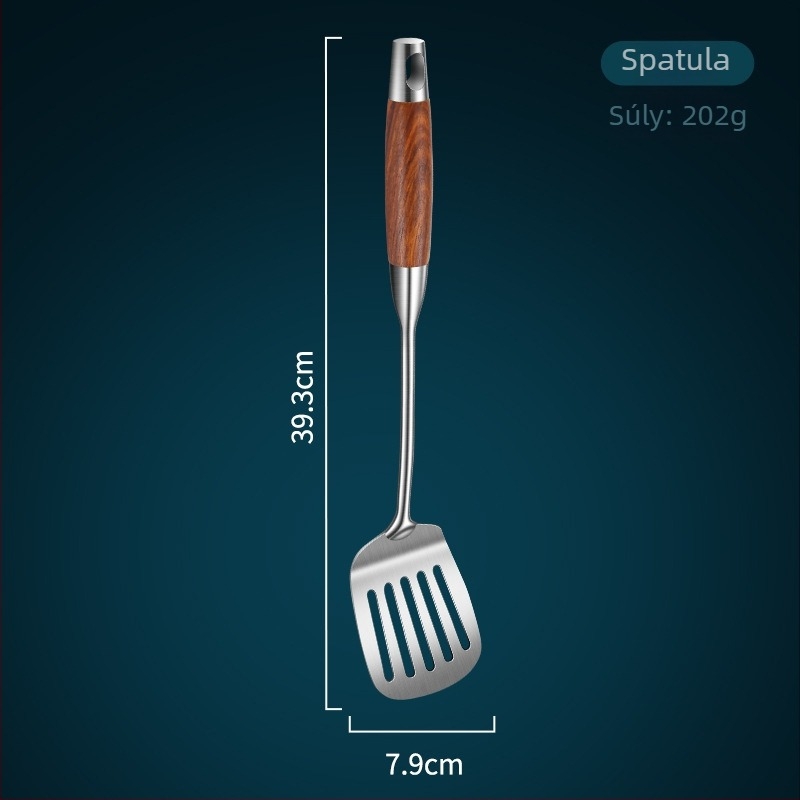 304 rozsdamentes acél konyhai készlet rozsafa fogantyúval — spatula, leveskanál, szitkanál és gombák sütésére szolgáló kanál