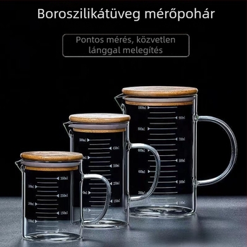 Hőálló üveg mérőedény skálával, fedéllel és fogantyúval