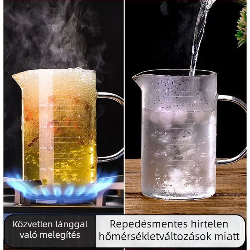 Hőálló üveg mérőedény skálával, fedéllel és fogantyúval