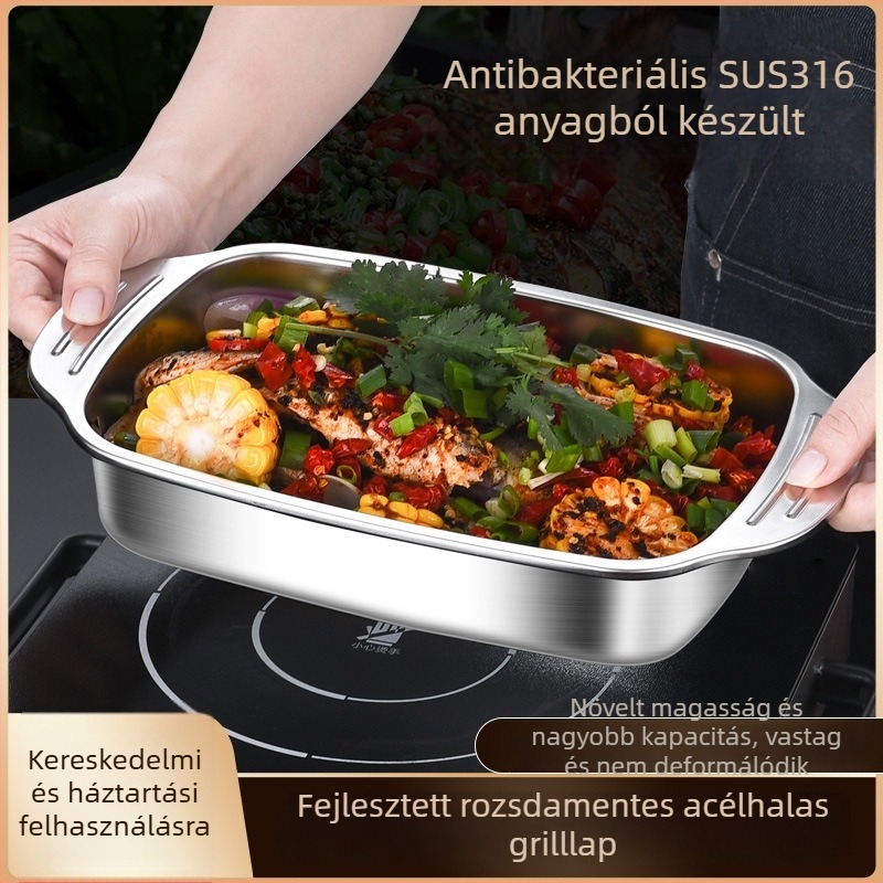 Grillezett halas tál 201 rozsdamentes acélból, négyszögletes, elektrolitos felület, mikrohullámú sütőben nem használható