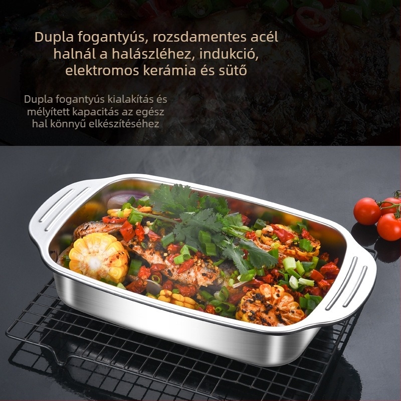 Grillezett halas tál 201 rozsdamentes acélból, négyszögletes, elektrolitos felület, mikrohullámú sütőben nem használható