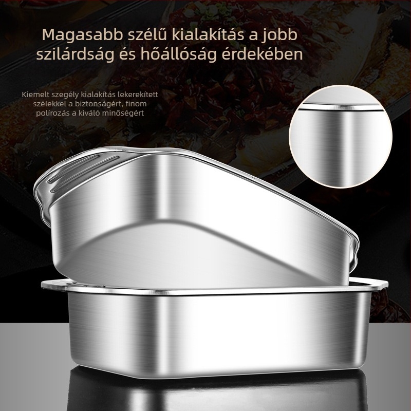 Grillezett halas tál 201 rozsdamentes acélból, négyszögletes, elektrolitos felület, mikrohullámú sütőben nem használható