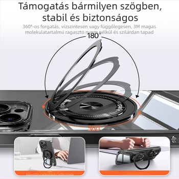 Összecsukható telefon-tartó mágneses gyűrűvel és hátoldali matricával, kompatibilis Apple, Huawei és Xiaomi, fém + műanyag, hordozható