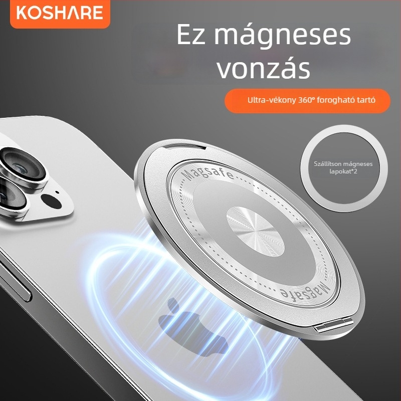 Összecsukható telefon-tartó mágneses gyűrűvel és hátoldali matricával, kompatibilis Apple, Huawei és Xiaomi, fém + műanyag, hordozható