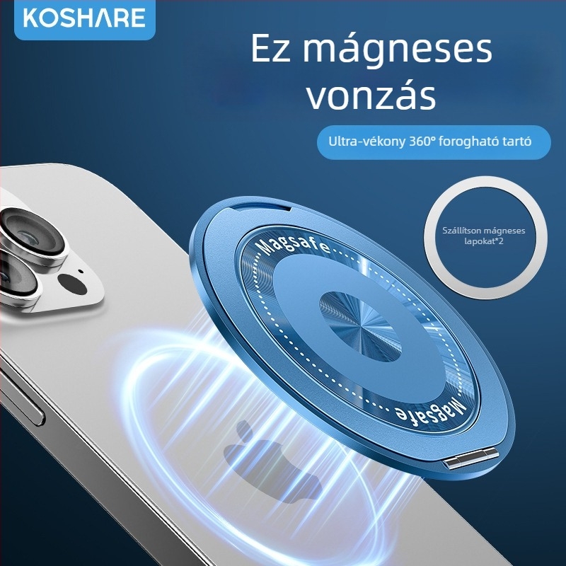 Összecsukható telefon-tartó mágneses gyűrűvel és hátoldali matricával, kompatibilis Apple, Huawei és Xiaomi, fém + műanyag, hordozható