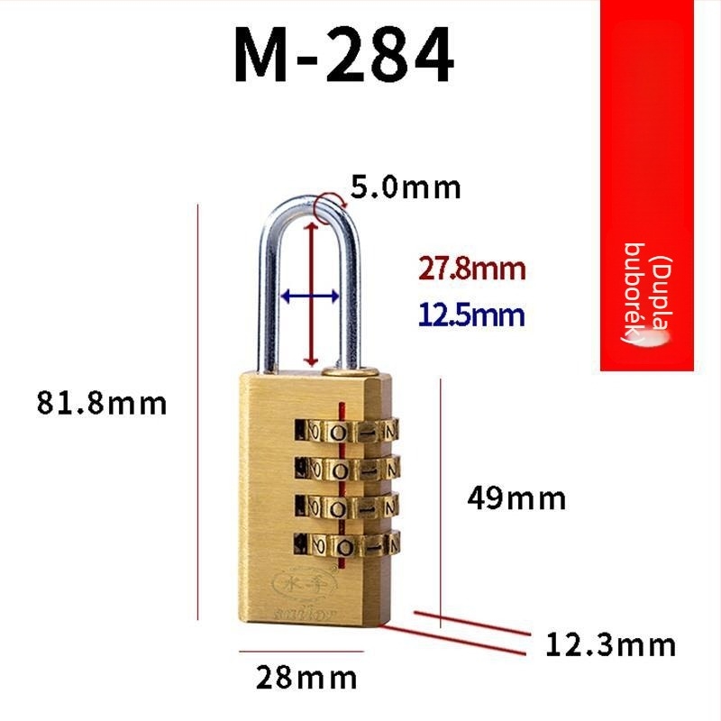 4-digits jelszavas zár szekrényekhez, poggyászokhoz és fiókokhoz – fémből, modell C, 3 mm-es zárókar vastagság, zárkar közötti távolság 21.5–41.8 mm