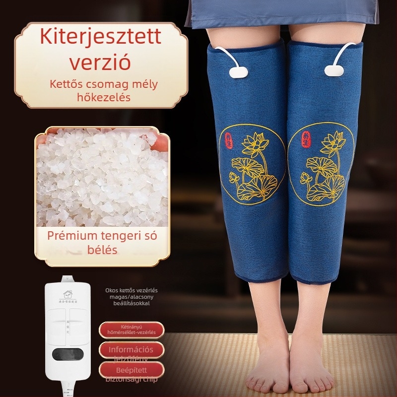 Elektromos fűtésű térdmelegítő párna sótáskával és moxibusztikus melegkompresszióval otthoni fizioterápiához