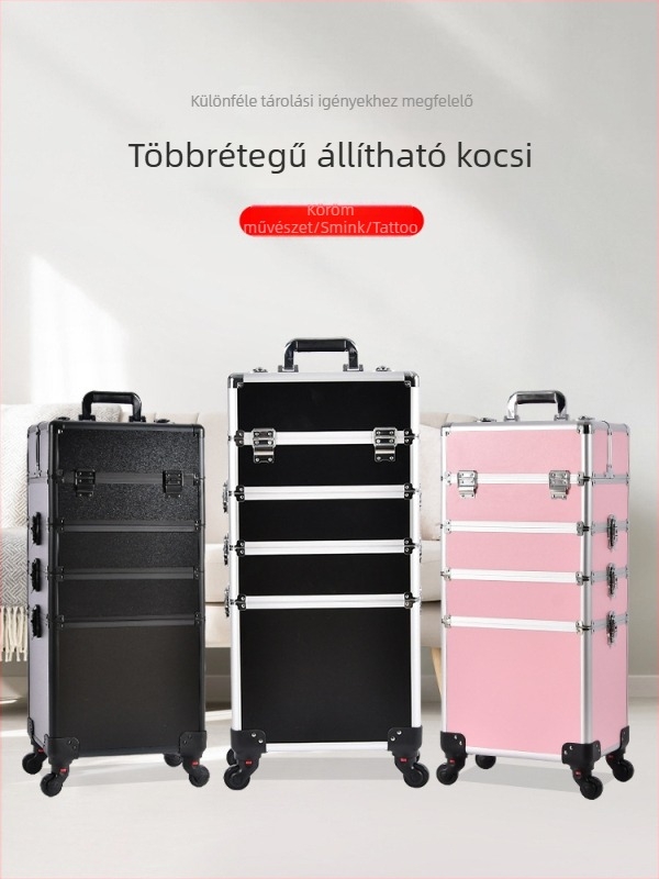 Gurulós sminktároló, nagy kapacitású, ABS anyagból, kihúzható fogantyúval, zárható lakattal, négyrétegű felépítés
