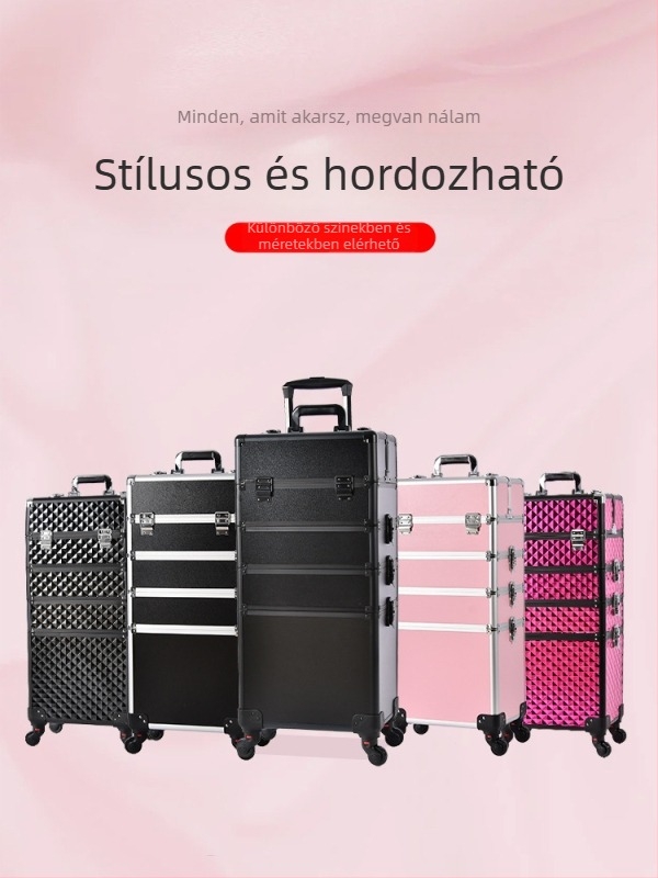 Gurulós sminktároló, nagy kapacitású, ABS anyagból, kihúzható fogantyúval, zárható lakattal, négyrétegű felépítés