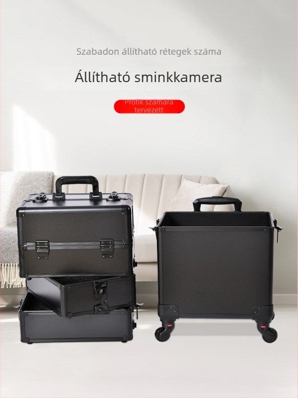 Gurulós sminktároló, nagy kapacitású, ABS anyagból, kihúzható fogantyúval, zárható lakattal, négyrétegű felépítés