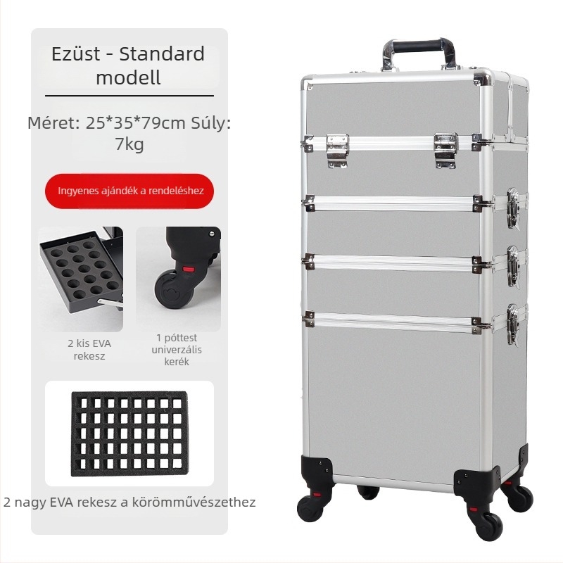Gurulós sminktároló, nagy kapacitású, ABS anyagból, kihúzható fogantyúval, zárható lakattal, négyrétegű felépítés