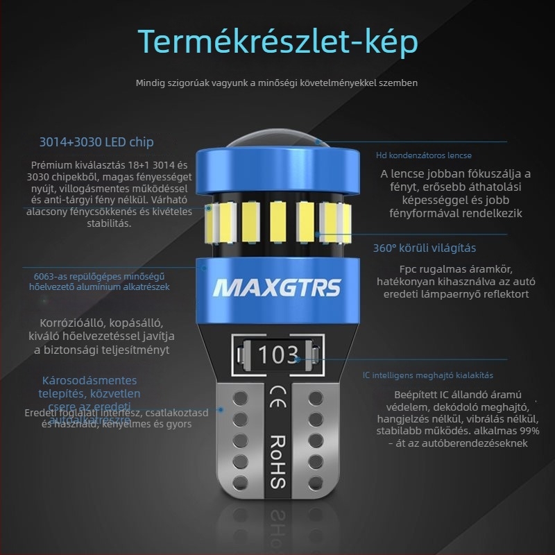12V-os T10 LED izzó lencsével a W5W pozíciós lámpához és a rendszámtábla világításához – Univerzális dugós csatlakozás