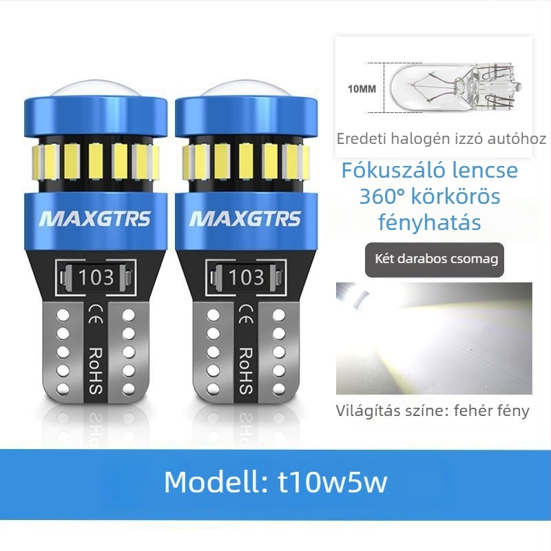 12V-os T10 LED izzó lencsével a W5W pozíciós lámpához és a rendszámtábla világításához – Univerzális dugós csatlakozás