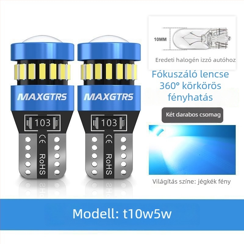 12V-os T10 LED izzó lencsével a W5W pozíciós lámpához és a rendszámtábla világításához – Univerzális dugós csatlakozás
