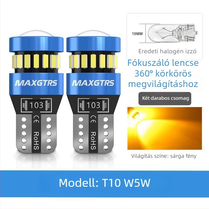 12V-os T10 LED izzó lencsével a W5W pozíciós lámpához és a rendszámtábla világításához – Univerzális dugós csatlakozás