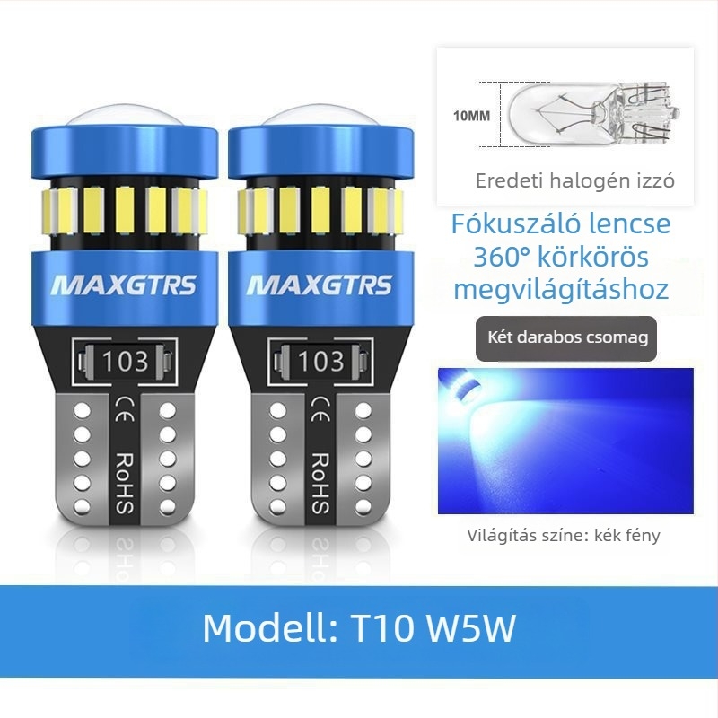 12V-os T10 LED izzó lencsével a W5W pozíciós lámpához és a rendszámtábla világításához – Univerzális dugós csatlakozás