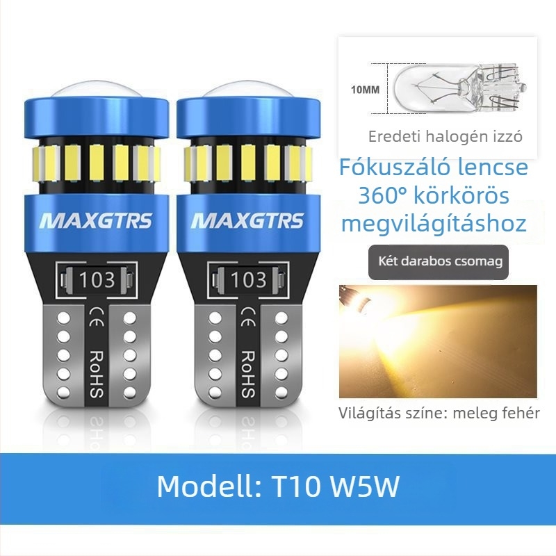 12V-os T10 LED izzó lencsével a W5W pozíciós lámpához és a rendszámtábla világításához – Univerzális dugós csatlakozás