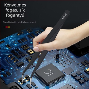 Antisztatikus csipesz rozsdamentes acélból, precíz ívelt hegy, magas széntartalmú acél csúcs elektronikai alkatrészek hegesztetéséhez