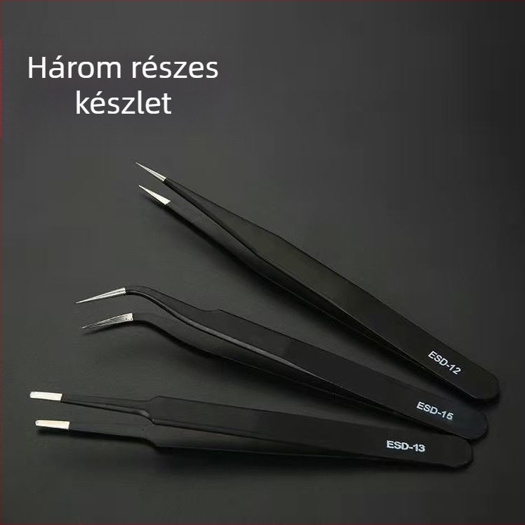 Antisztatikus csipesz rozsdamentes acélból, precíz ívelt hegy, magas széntartalmú acél csúcs elektronikai alkatrészek hegesztetéséhez