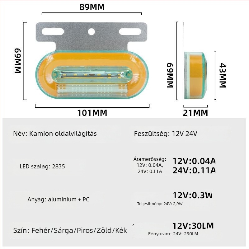 LED oldalsó lámpa teherautóhoz, vízálló, 12/24V, IP67, Anyag: vaslemez + ABS ház, Élettartam 50000 h