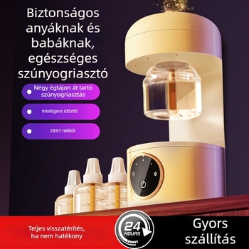 Elektromos szúnyogriasztó folyadék/tabletta, LED-del, 31–40 m²-re, 3–6 óra üzemidő, beépített akkumulátor