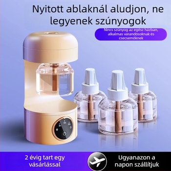 Elektromos szúnyogriasztó folyadék/tabletta, LED-del, 31–40 m²-re, 3–6 óra üzemidő, beépített akkumulátor