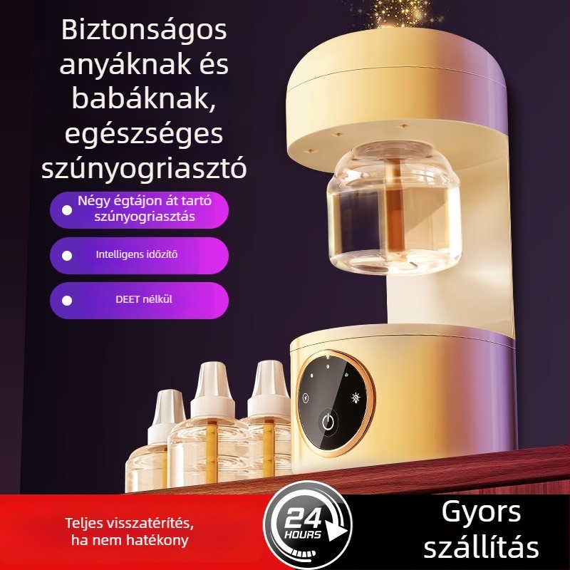 Elektromos szúnyogriasztó folyadék/tabletta, LED-del, 31–40 m²-re, 3–6 óra üzemidő, beépített akkumulátor