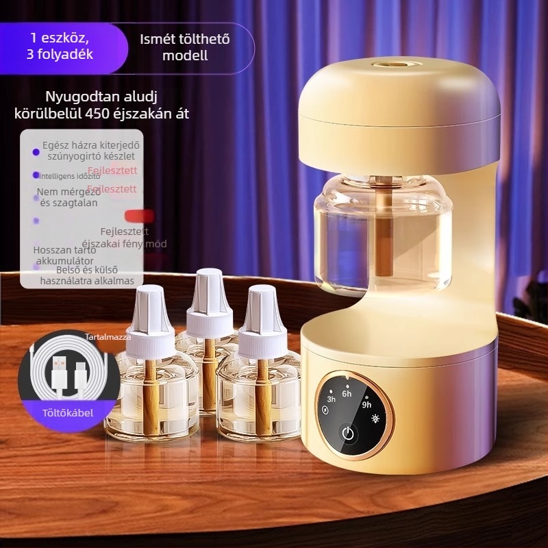 Elektromos szúnyogriasztó folyadék/tabletta, LED-del, 31–40 m²-re, 3–6 óra üzemidő, beépített akkumulátor