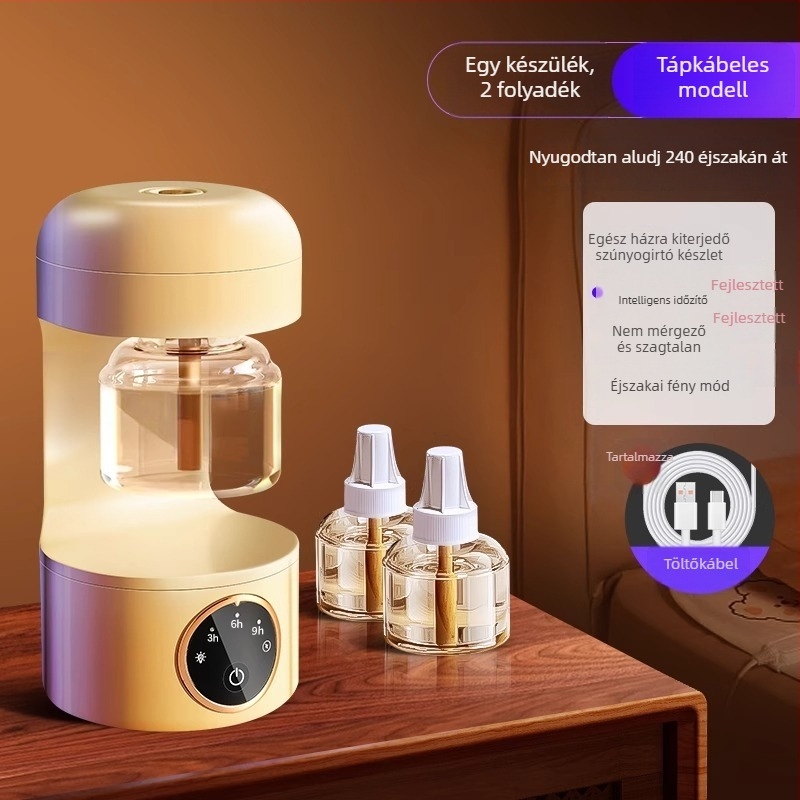 Elektromos szúnyogriasztó folyadék/tabletta, LED-del, 31–40 m²-re, 3–6 óra üzemidő, beépített akkumulátor