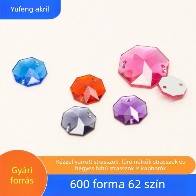 Kézzel varrott ruhákhoz való akril strasszok, nyolcszögletű, két lyukkal, lapos hátú