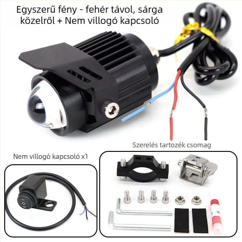 Motorkerékpár LED fényszóró lencsével, alumínium ház, duál-színű LED-ek, 18W lámpánként, 12–85V bemenet, Modell Q9