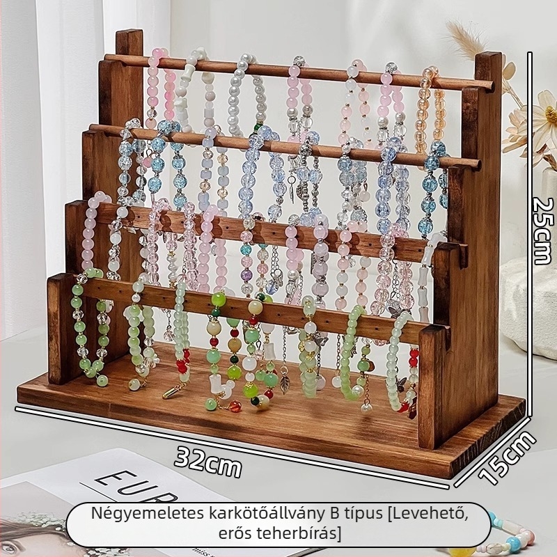 Nyaklánc rendező állvány, tömörfa, asztali kivitel, több horoggal, egy szintű, ékszer kiállítás