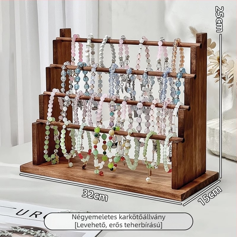 Nyaklánc rendező állvány, tömörfa, asztali kivitel, több horoggal, egy szintű, ékszer kiállítás