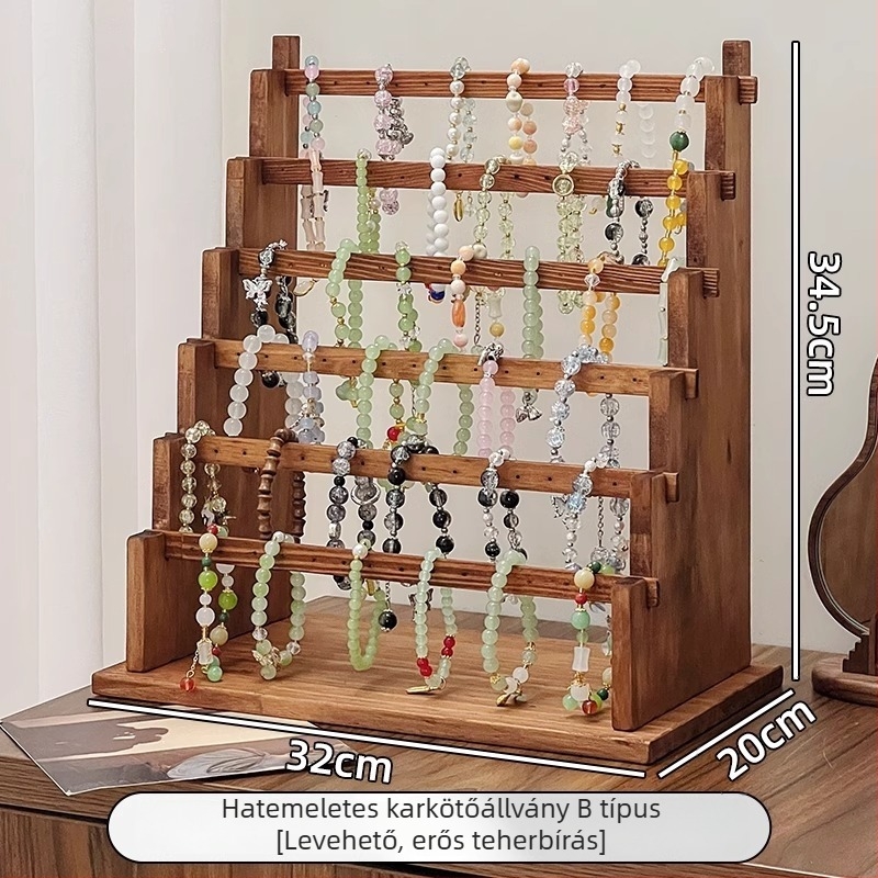 Nyaklánc rendező állvány, tömörfa, asztali kivitel, több horoggal, egy szintű, ékszer kiállítás