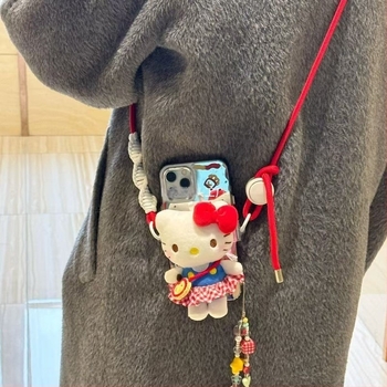 Mobiltelefon nyakpánt plüss Hello Kitty macskafej figurával, nejlon zsinórral, fém csattal, ZHAOWU márka
