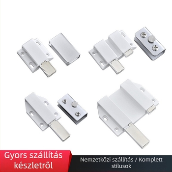 Érintéses mágneses zár üveg-szekrényhez — egy- vagy kétszárnyú ajtóhoz, modell 158/168; modern minimalista stílus; anyag: vas/acél klipek és műanyag; felület: brushed black