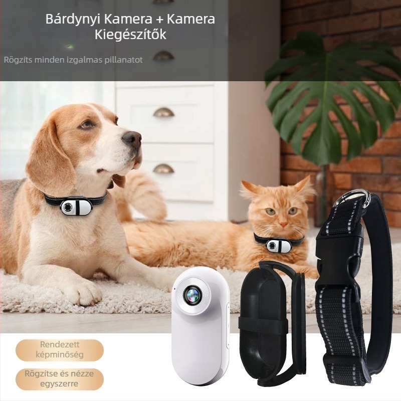 Háziállat nyakörvre szerelhető kamera - 1080P/720P videó, CMOS szenzor, 0,96 hüvelykes LCD, MicroSD tárhely, elektronikus képstabilizálás