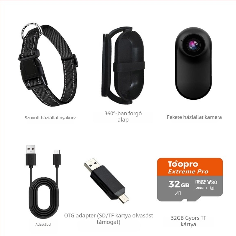 Háziállat nyakörvre szerelhető kamera - 1080P/720P videó, CMOS szenzor, 0,96 hüvelykes LCD, MicroSD tárhely, elektronikus képstabilizálás