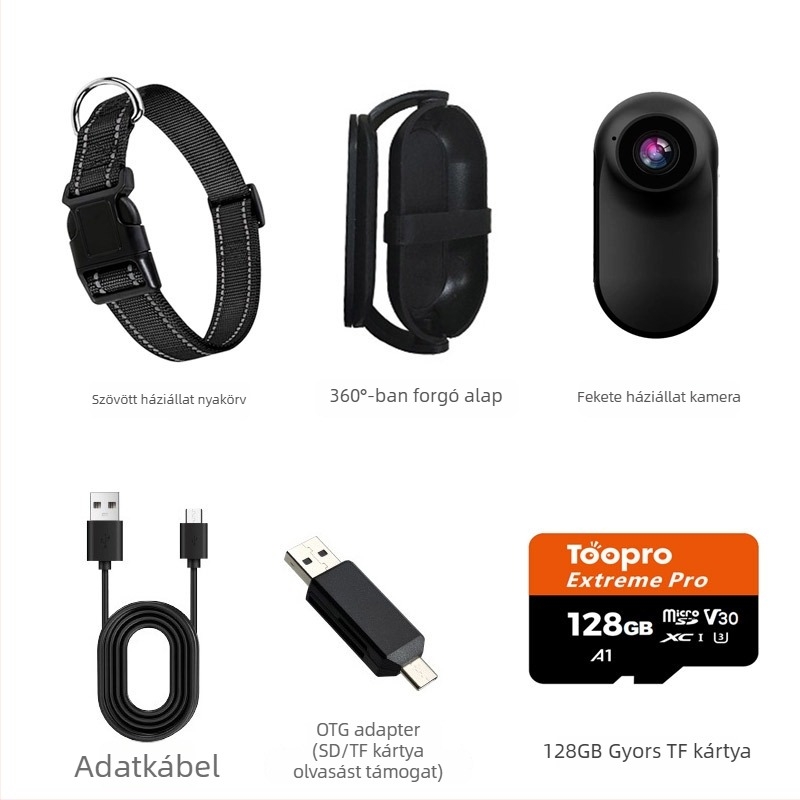 Háziállat nyakörvre szerelhető kamera - 1080P/720P videó, CMOS szenzor, 0,96 hüvelykes LCD, MicroSD tárhely, elektronikus képstabilizálás