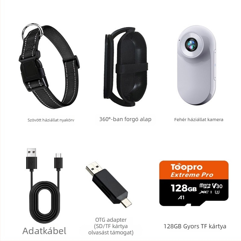 Háziállat nyakörvre szerelhető kamera - 1080P/720P videó, CMOS szenzor, 0,96 hüvelykes LCD, MicroSD tárhely, elektronikus képstabilizálás