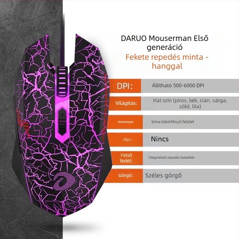 Játékos vezetékes optikai egér – 6 DPI-szint, 4000 DPI, 8 gomb, USB, ergonomikus