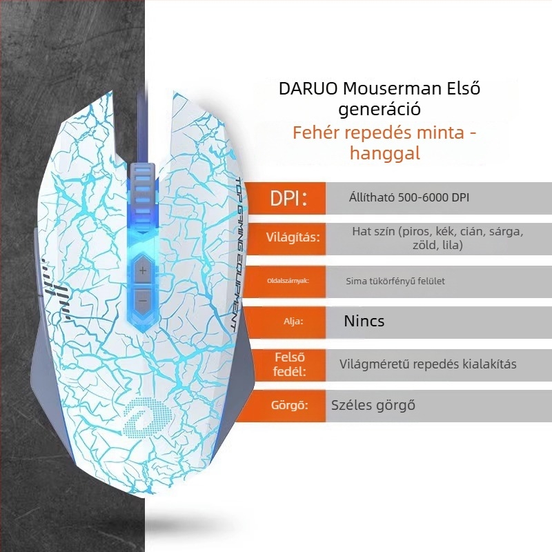 Játékos vezetékes optikai egér – 6 DPI-szint, 4000 DPI, 8 gomb, USB, ergonomikus