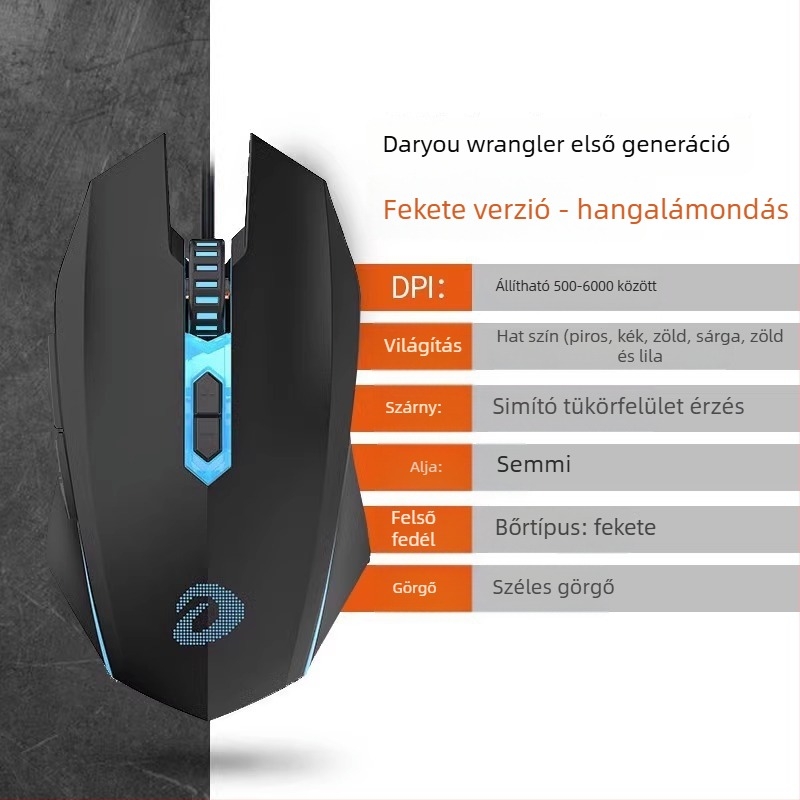 Játékos vezetékes optikai egér – 6 DPI-szint, 4000 DPI, 8 gomb, USB, ergonomikus