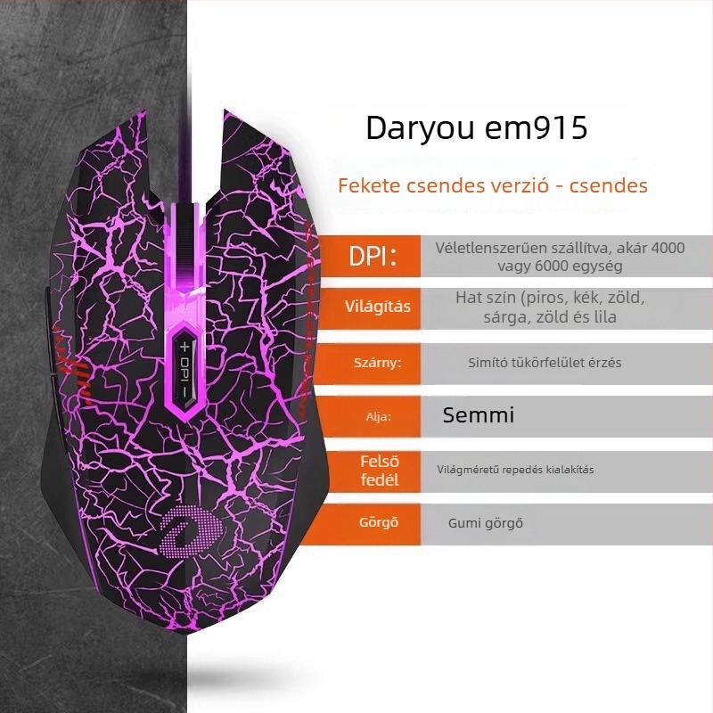 Játékos vezetékes optikai egér – 6 DPI-szint, 4000 DPI, 8 gomb, USB, ergonomikus